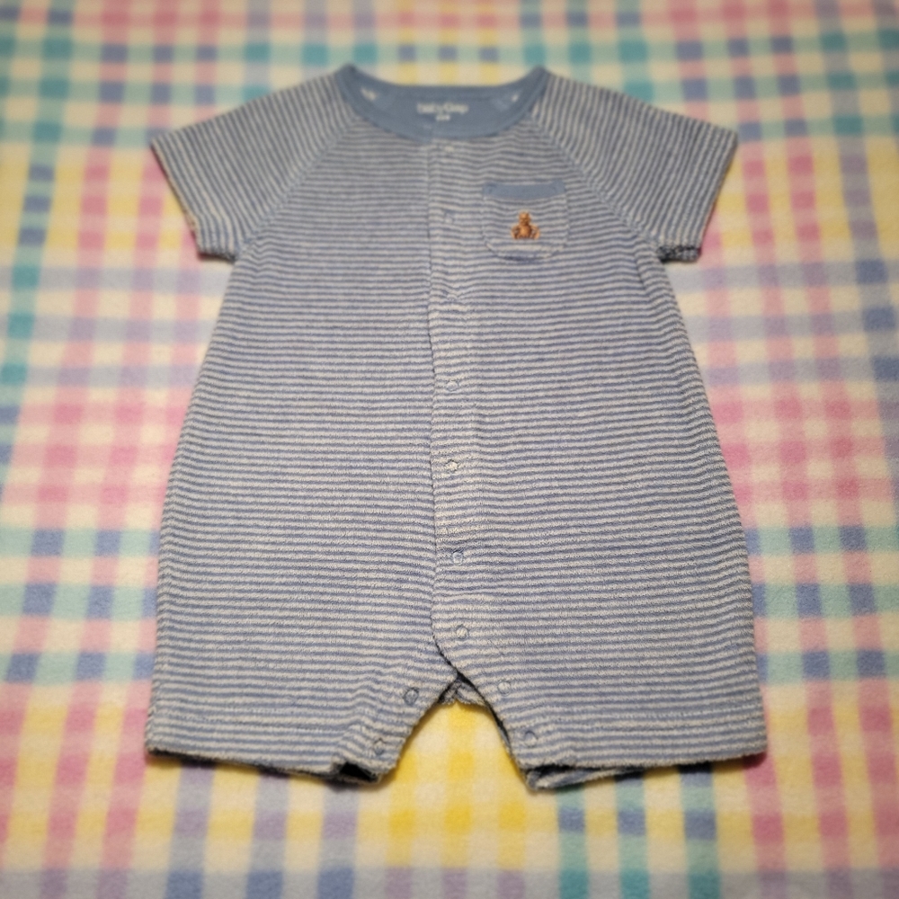 BABY GAP 🧸 NWOT Blue 'n White SOFT Terry Chenille Teddy Bear Snap Romper 3-6M